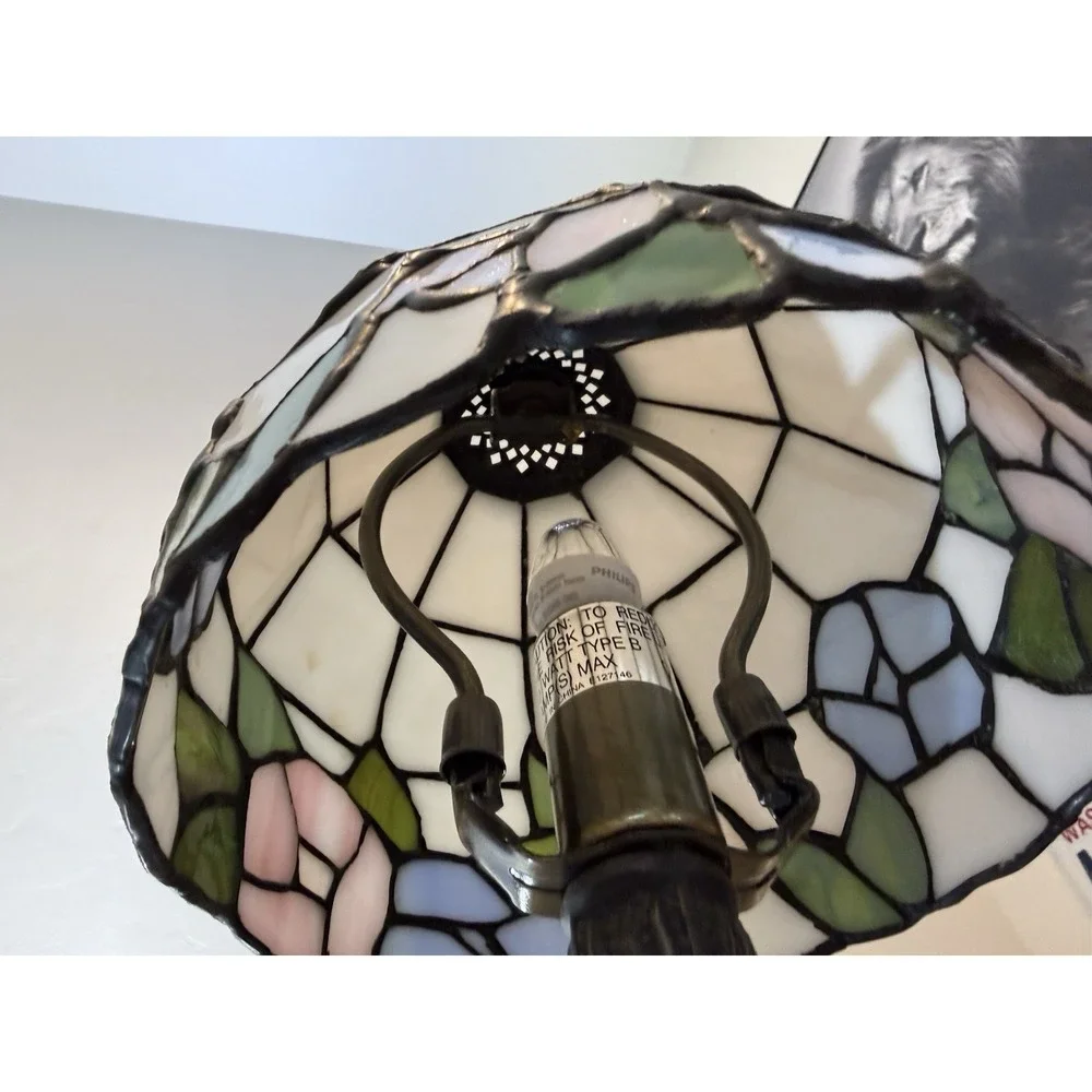Vintage Tiffany Style Accent Table Lamp Pink Blue Roses Stained Glass Flower 13